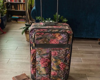 Maleta con ruedas Sharmin de los años 80 con estampado floral, tapiz, equipaje XL, bolsa de viaje, decoración retro, flores, lona de algodón.