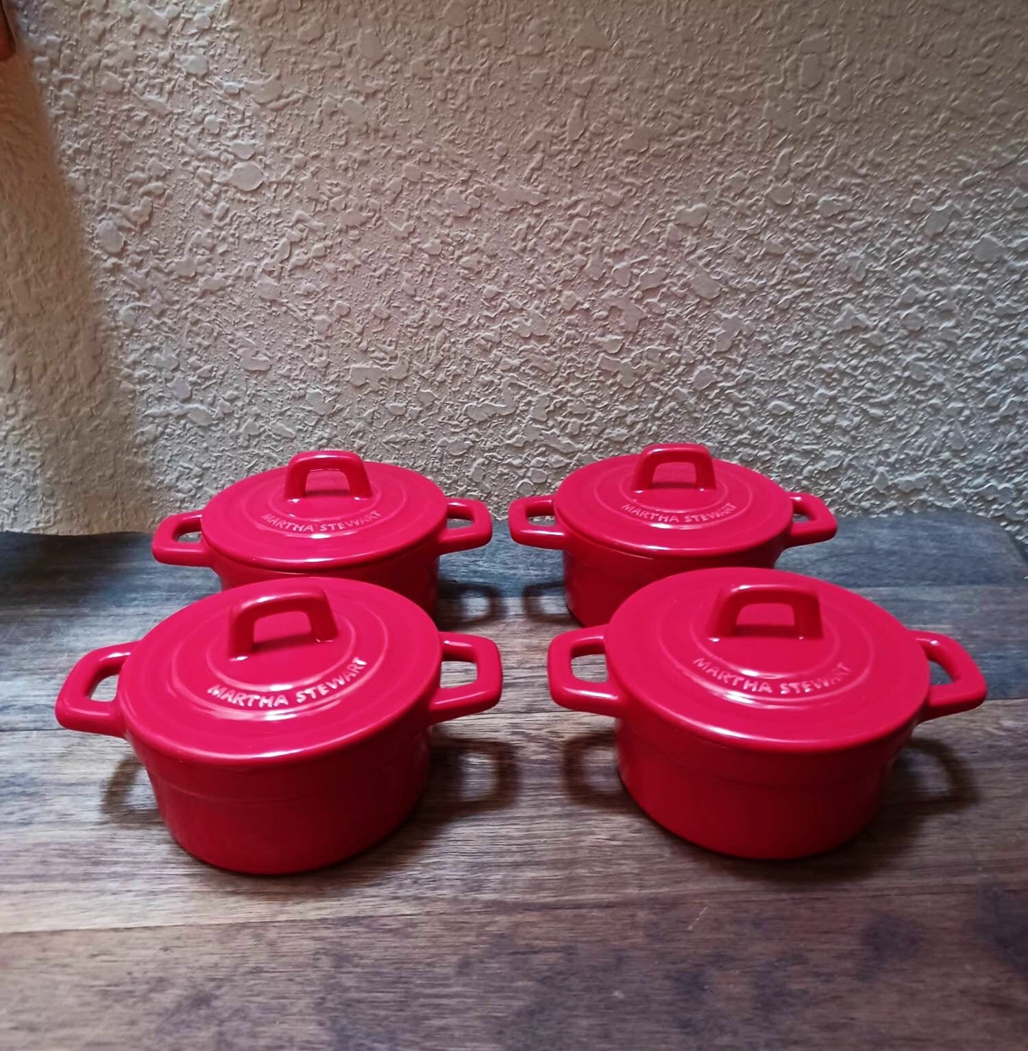 Red Martha Stewart Collection Set of Four Ramekins With Lids, Baking Pots,  Christmas, Holiday Red Dishes, Quiche, Crème Brûlée Dishes, 