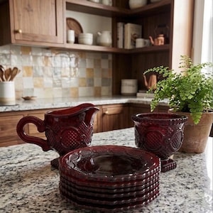 Op de afbeelding: Een stapel robijnrode glazen borden, een kan en een decoratieve vaas staan op een granieten aanrecht. De keuken heeft houten kasten en planken gevuld met wit keramisch servies. Een potvaren voegt groen toe.