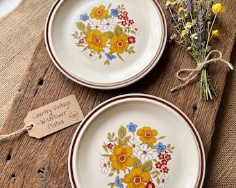 Set aus zwei 70er Jahre Casual Elegance Salatteller Hearthside Steinzeug Blumenmuster, kleine Retro Blumen Teller,