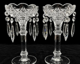 Antique Victorian Crystal Pedestal, Pillar Candle Holders, Wedding Decor