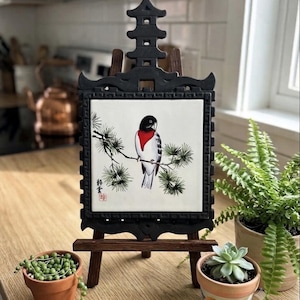Japanese FM Art Tile Trivet, Rose Breasted Grosbeak Bird Ceramic Hot Pad With Pagoda Cast Frame, Mid Century Asian Chinoiserie Decor, MCM