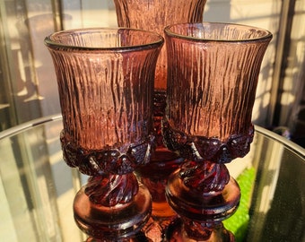 Vintage Set Of Three Fostoria Sorrento Purple Wine Glasses, Goblets, Tea Lights , Candle Holders, Cups, Purple Glass