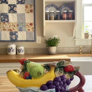 Vintage Keramik Fruktkanna, Banan Päron Druvor Jordgubb Dekor