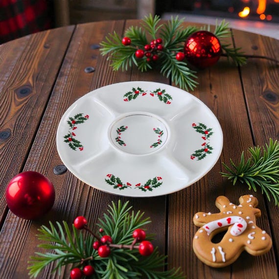 Vintage Porzellan Weihnachtsteller Holly Berry 5-teiliger Relish Dish Weihnachtsteller, rundes Snacktablett, Porzellantablett, Feiertagsdekor