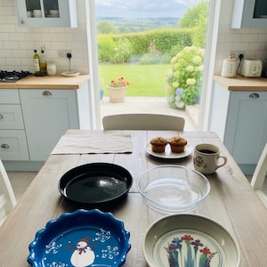 Black Corningware Backer , Floral Studio Pottery Serving Dish, Anchor Hocking Glass Pie Dish, Christmas Snowman Pie Dish