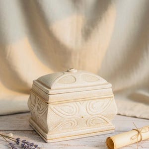May include: A beige decorative box with a square shape and a domed lid. The box features embossed scrollwork and gold accents. A rolled parchment and lavender sprig are next to the box. The background is a neutral fabric.