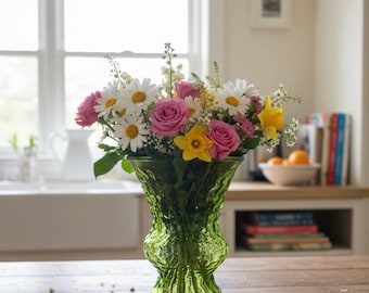 Vintage EO Brody Avocado Green Crinkle Glass Flower Vase, Bouquet Vase