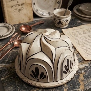 May include: A cream-coloured ceramic bundt cake mould featuring a swirling, architectural design with dark brown painted accents. The mould has a crackled glaze finish and a wide, circular base with a scalloped edge, showcasing a repeating floral motif.