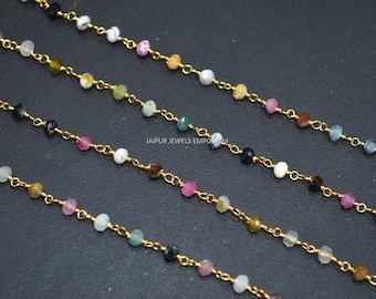 Multi Tourmaline Rondelle Faceted Beaded Chain , Multi Tourmaline Rosary Beaded Chain , Sold By Foot, 4mm , 6JJE716