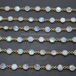 Rainbow Moonstone Coin Connector Chain , Rainbow Moonstone Faceted Bezel Connector Station Link Chain , Sold By Foot , 8 mm - 6JJE508