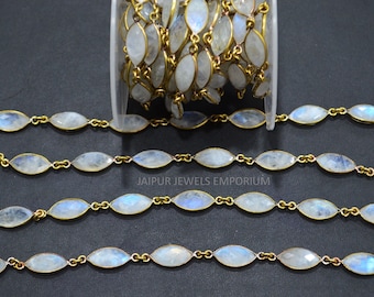 Rainbow Moonstone Marquise Shape Connector Chain , Rainbow Moonstone Faceted Bezel Chain , Sold By Foot, 8x15 mm , 5jje990