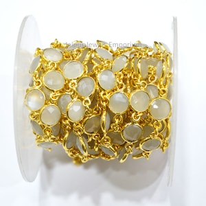 Ceylon Moonstone Coin Connector Chain , Ceylon Moonstone Faceted Bezel Connector Station Link Chain , Sold By Foot , 9 mm - 6JJE507