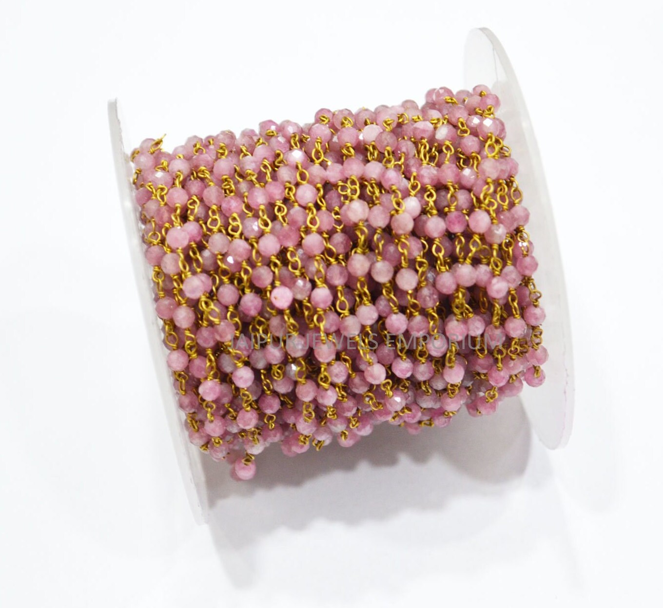 Natural Pink Tourmaline Faceted Rosary Beaded Chain , Pink Tourmaline Round Shape Wire Wrapped Chain , 3 - 3.50 mm , Sold By Foot , 6JJE182A