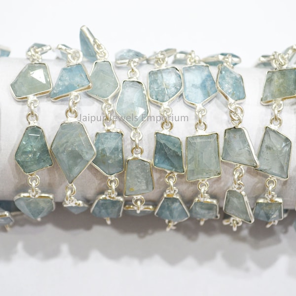 Natural Aquamarine Faceted Connector Chain , Aquamarine Fancy Cut Bezel Link Chain , Sold By Foot , 8 - 12 mm , 6JJE368