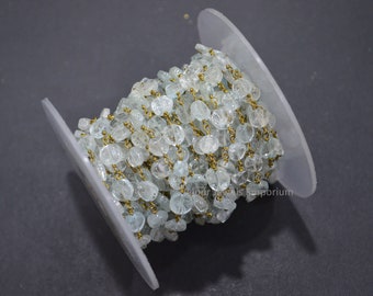 Aquamarine Smooth Rosary Beaded Chain , Aquamarine Coin Shape Rosary Chain , Vendido por pie , 7 mm - 6JJE538