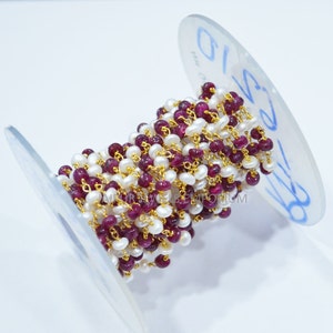 Ruby Uneven Rondelle Shape Rosary Beaded Chain - Natural Pearl Smooth Wire Wrapped Chain , Sold By Foot , 4 - 4.50 mm , 6JJE210