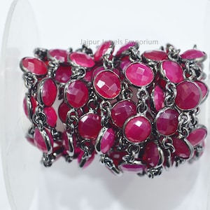 Stunning Hot Pink Chalcedony Faceted Coin Connector Bezel Chain , Hot Pink Chalcedony Station Link Chain , Sold By Foot , 9 mm - 6JJE690