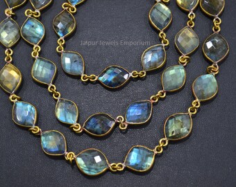 Labradorite Fancy Flat Dew Drops Connector Chain , Labradorite Faceted Bezel Connector Station Link Chain , Sold By Foot , 14-16 mm, 6JJE531