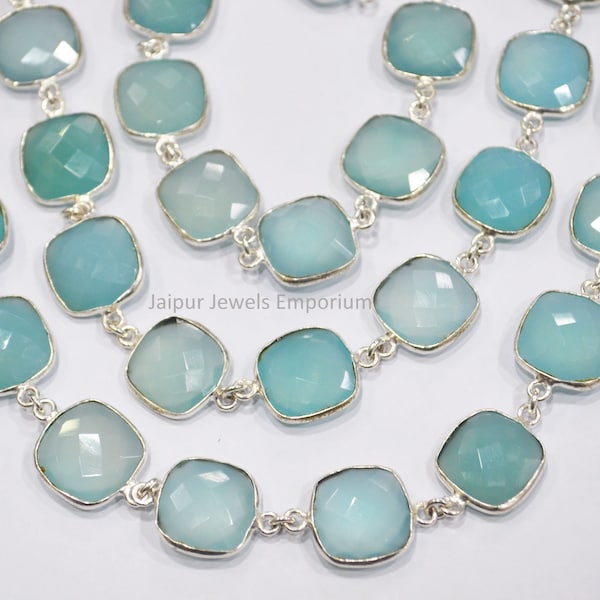 Aqua Chalcedony Cushion Shape Connector Chain , Aqua Chalcedony Faceted Bezel Connector Station Link Chain , Sold By Foot , 15 mm - 6JJE660