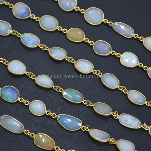 Ethiopian Opal Slice Connector Chain , Ethiopian Opal Faceted Bezel Connector Chain, Sold By Foot, 9-12 mm - 6JJE554