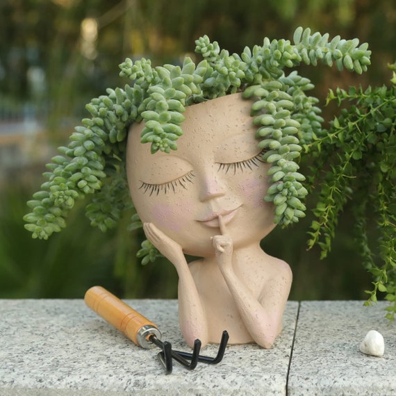 Pot de fleurs unique avec visage et yeux fermés - Pot en résine pour  plantes grasses, design de cactus en résine avec trou de drainage
