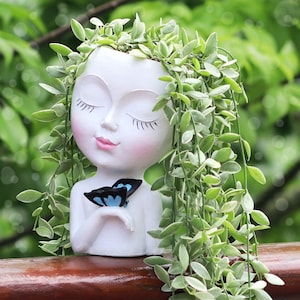 Face Planterwith butterfly Pot - Face Flower Pot for Indoor Outdoor Plants Resin Succulent Planter with Drainage Hole Cute Lady Face planter