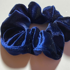 Original hair scrunchie in luxe super soft sapphire blue velvet handmade using reclaimed fabric.