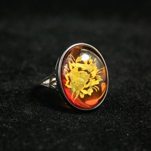 Hand Carved Baltic Amber Sterling Silver Peony Ring. Retro Style. Natural Amber Ring. Amber Flower Ring. Adjustable Ring. Amber Intaglio
