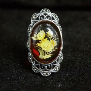 Hand Carved Baltic Amber Sterling Silver Three Rose Ring. Queen Style. Natural Amber Ring. Amber Flower Ring. Adjustable Ring Amber Intaglio