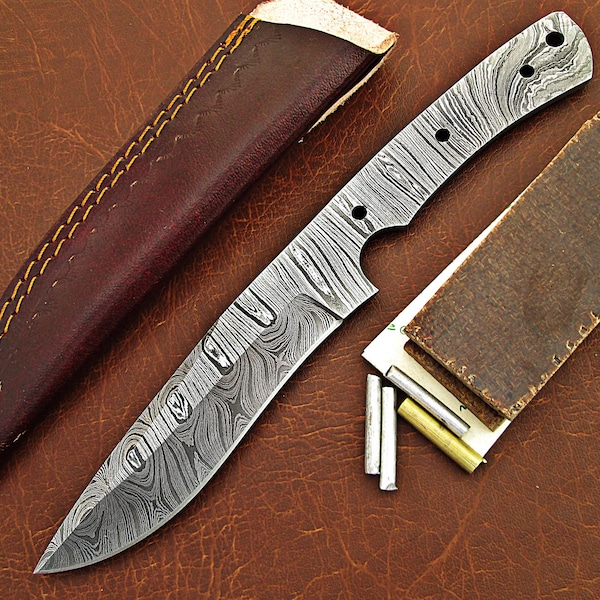 Kit de fabrication de couteaux damas fait main en acier damas comprenant une lame vierge, des épingles, un étui en cuir, des écailles de manche, des fournitures pour la fabrication de couteaux NB101