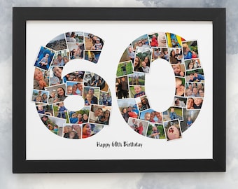 Personalised 60th Gift, Number 60 Photo Collage, Print and Framed, Photo Collage, Birthday Gift, Home Décor