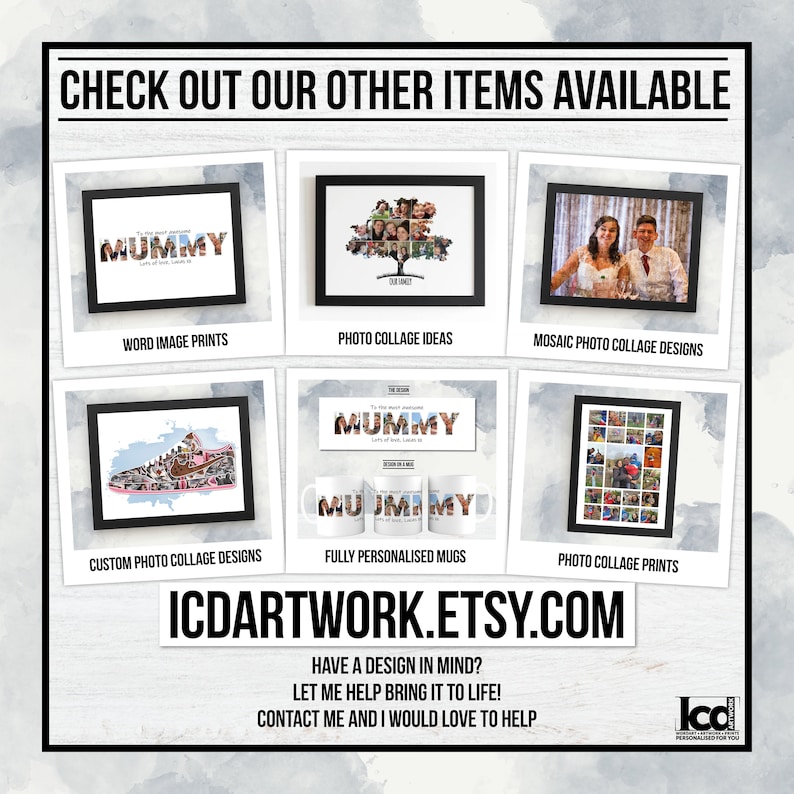 May include: Promotional image showcasing various personalized gift ideas. Includes word image prints, photo collage ideas, mosaic photo collage designs, custom photo collage designs, and fully personalized mugs. The text "MUMMY" is featured prominently.