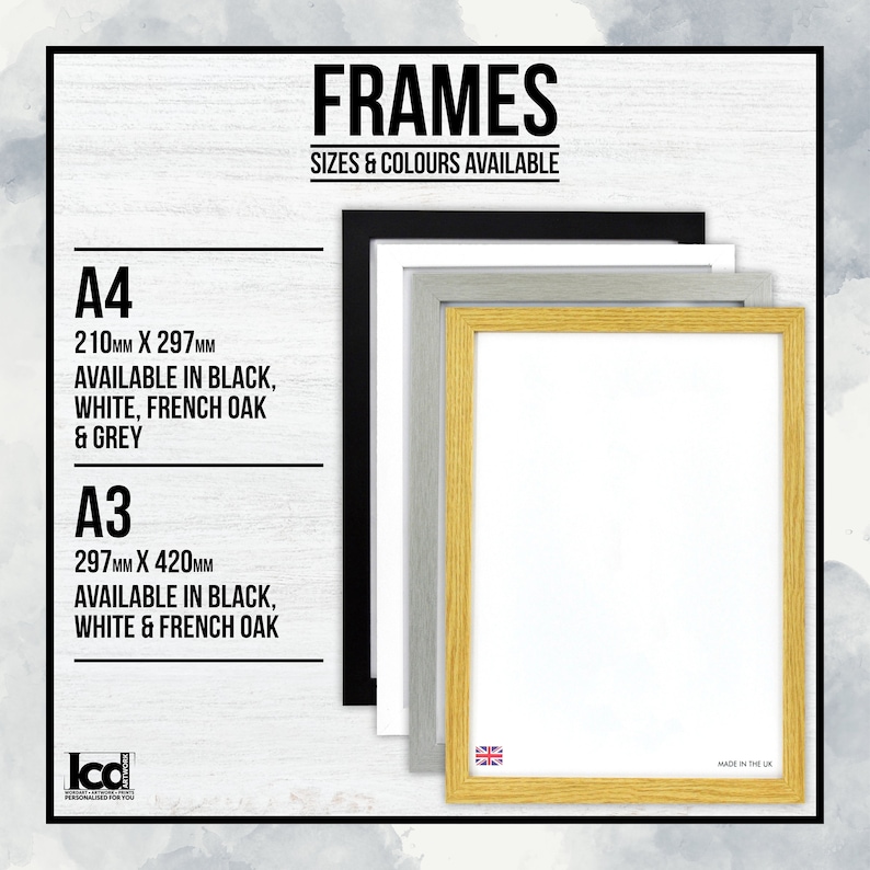 May include: A display of framed art prints in various colors, including black, white, gray, and French oak. The frames are available in A4 (8.3 x 11.7 inches) and A3 (11.7 x 16.5 inches) sizes. The text on the image indicates the frames are available in multiple colors.