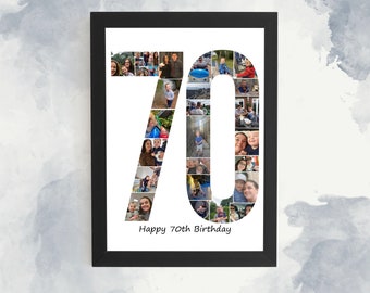 May include: A framed print featuring the number 70 filled with various photos. The photos are arranged to form the shape of the number. The words "Happy 70th Birthday" are printed below the number in a black frame.