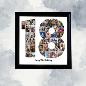 May include: A framed photo collage in the shape of the number 18, filled with multiple family photos. The phrase "Happy 18th Birthday" is written in black script at the bottom. The frame is black, and the background is a watercolor wash.
