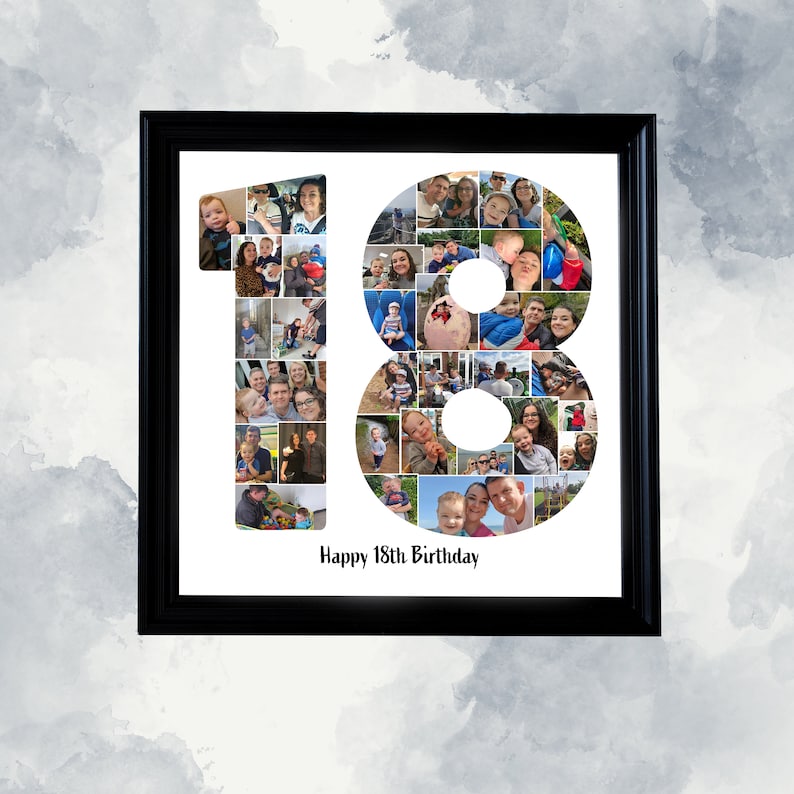 May include: A framed photo collage in the shape of the number 18, filled with multiple family photos. The phrase "Happy 18th Birthday" is written in black script at the bottom. The frame is black, and the background is a watercolor wash.