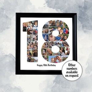 May include: A framed photo collage in the shape of the number 18, filled with various family photos. The words "Happy 18th Birthday" are printed below the number. A circular graphic states "Other numbers available on request."