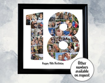 May include: A black framed photo collage in the shape of the number 18, filled with family photos. The words "Happy 18th Birthday" are printed below. A circular graphic states "Other numbers available on request."