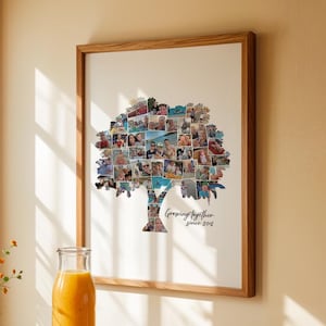 May include: A wooden framed photo collage in the shape of a tree, filled with multiple photos. The frame surrounds a white background with the words "Growing together since 2018".