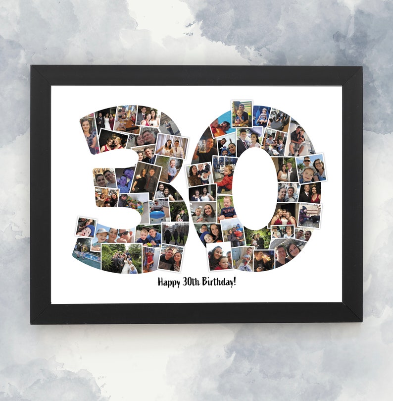 May include: A framed photo collage celebrating a 30th birthday. The number 30 is made up of many smaller photos of people. The text "Happy 30th Birthday!" is printed below the collage.