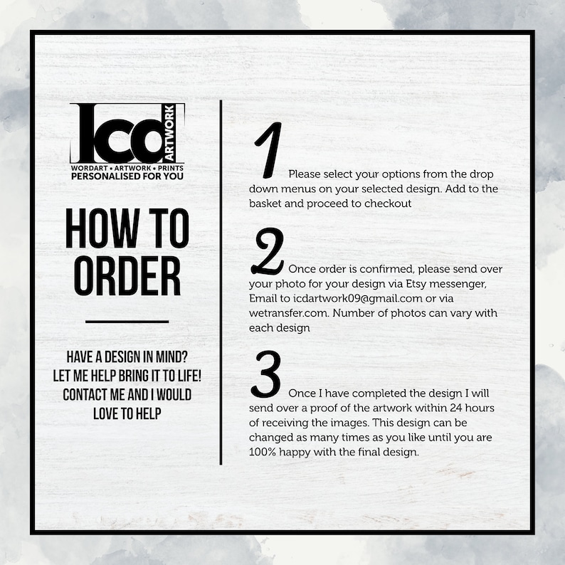 May include: White background with black text detailing how to order personalized artwork. The text includes instructions on selecting options, sending photos, and approving the design. The logo "Icd Artwork" is at the top.
