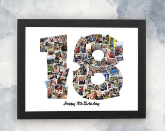 May include: A framed photo collage of the number 18 made from smaller photos. The text "Happy 18th Birthday" is printed below the number.