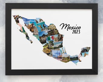 Mexico Map Photo Collage Print, Personalised Holiday Photos, Family Memories, Home Décor,  Wall Hanging Home Prints, Custom Made Photo Art