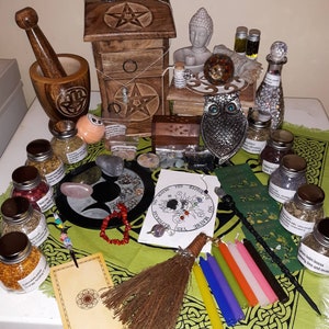 Witchcraft Kit with 90 Wiccan Supplies for Beginner and advanced witches.  Witch Kit. Wiccan Alter Kit with Altar supplies and Apothecary kit. Spell