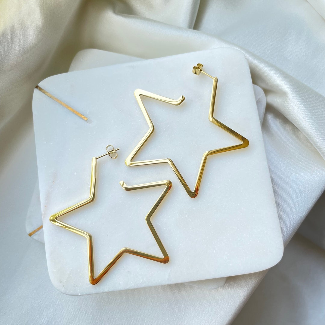 Big Star Hoop Earrings Gold Star Earrings Statement - Etsy