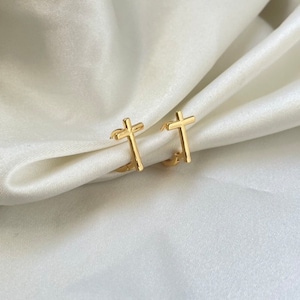 Gold cross hoop earrings, gold conch hoops, cross huggie hoops, cross earrings gold, religious jewelry, small cross earrings
