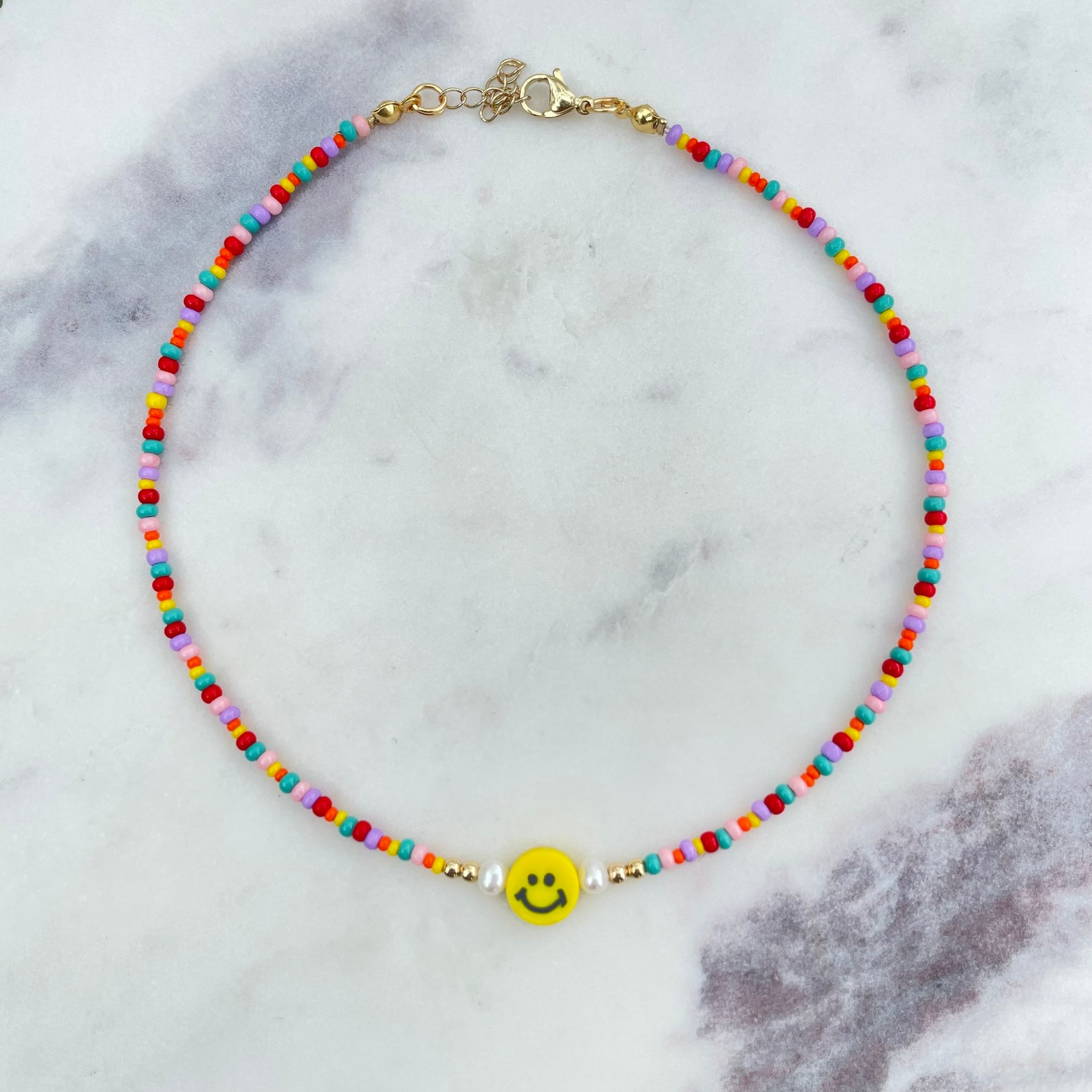 Smiley face Necklace emoji necklace beaded rainbow smiley Etsy