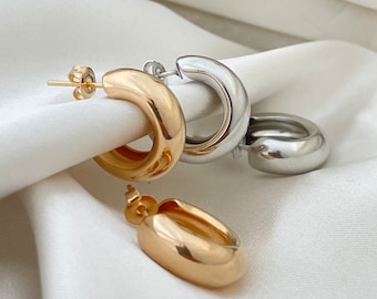 Thick huggie hoop earrings gold, thick hoop earrings, chubby hoops, huggie earrings, chunky gold hoops, rhodium huggie hoops, silver hoops