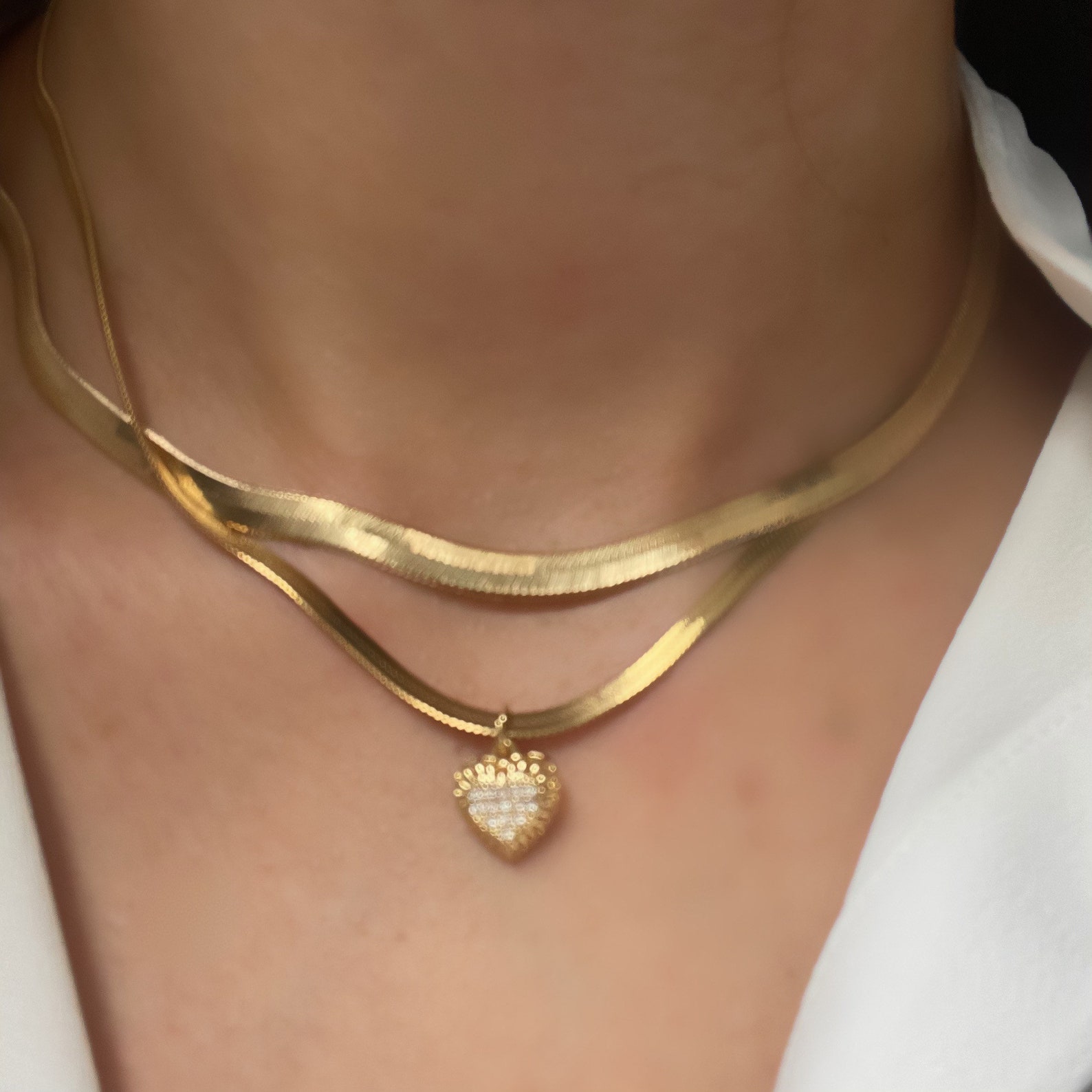 Gold herringbone layered necklace heart charm necklace flat Etsy